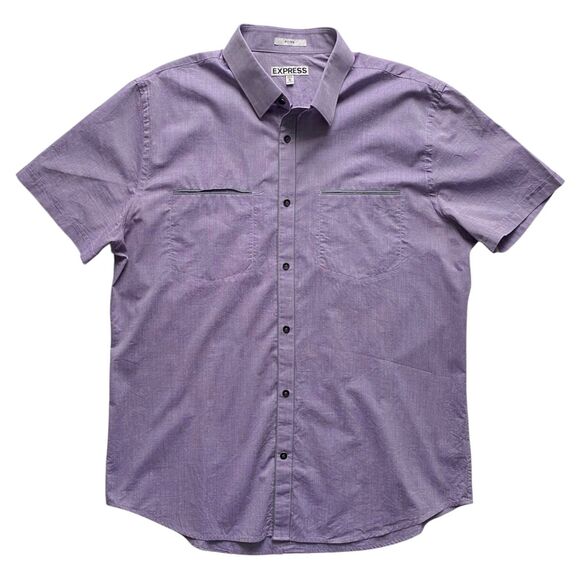 Express Mens Fitted Dress Shirt Short Sleeve Button-Up Purple Size XL (17-17.5) - Picture 1 of 3